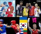 Podyum boks hafif - 60 kg erkek, Vasyl Lomachenko (Ukrayna), Han Soon-Chul (Güney Kore), Yasniel Toledo (Küba) ve Evaldas Petrauskas (Litvanya) - Londra 2012 -